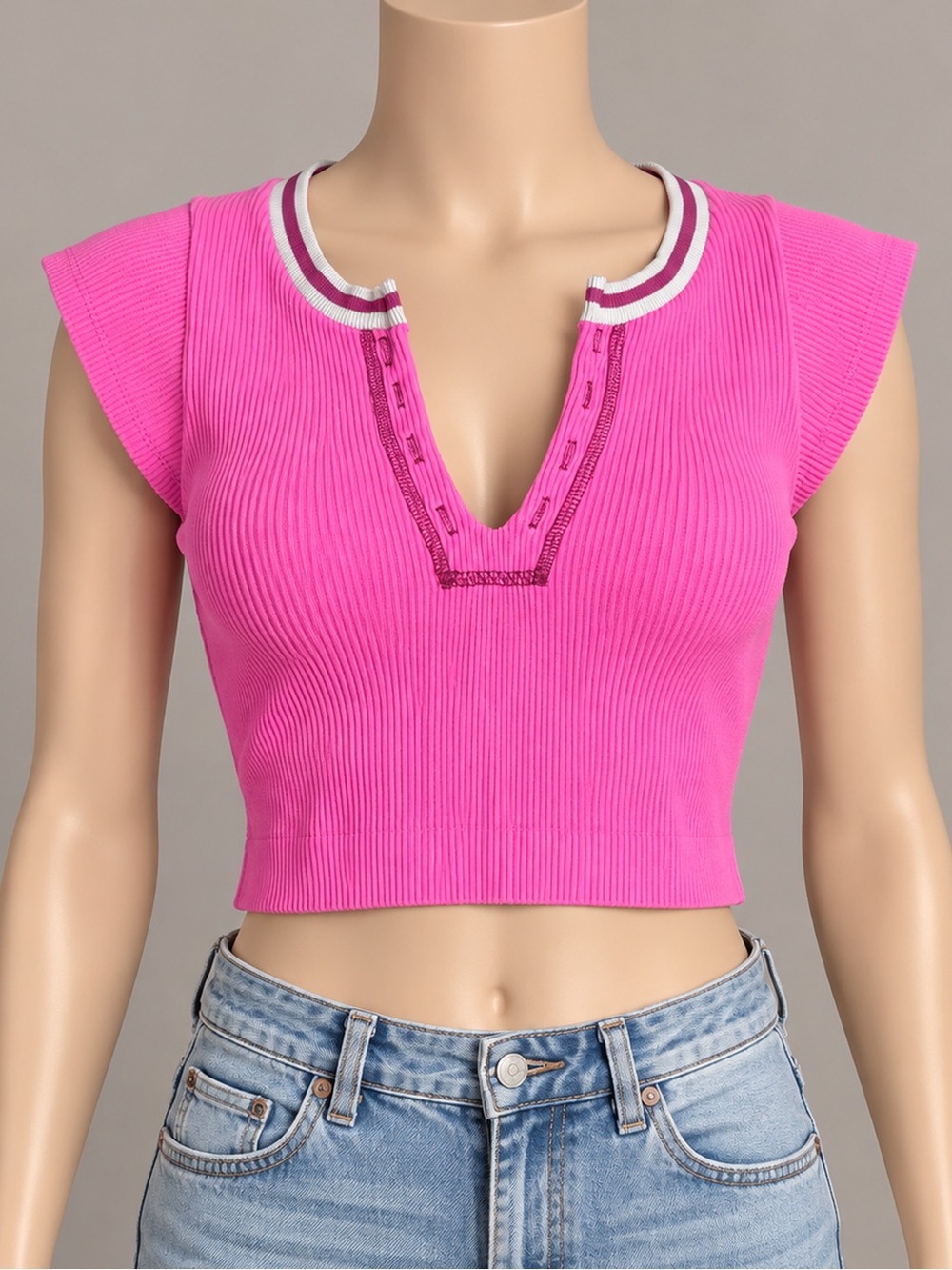 Out From Under Pink Ribbed Crop Top XS/S Y2K Contrast Trim